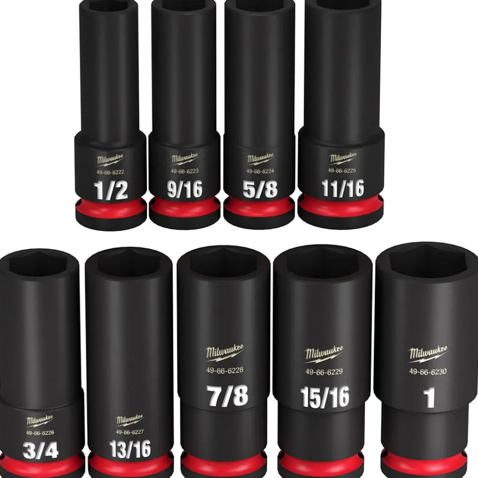 Milwaukee Tools M18 FUEL 1/2" High Torque Impact Wrench w/ Friction Ring (Bare Tool), M18 REDLITHIUM XC5.0 Resistant Battery, and 9 Piece Shockwave Impact Duty 1/2" Drive SAE Deep 6 Point Socket Set KIT-2967-20-48-11-1850R-49-66-7022