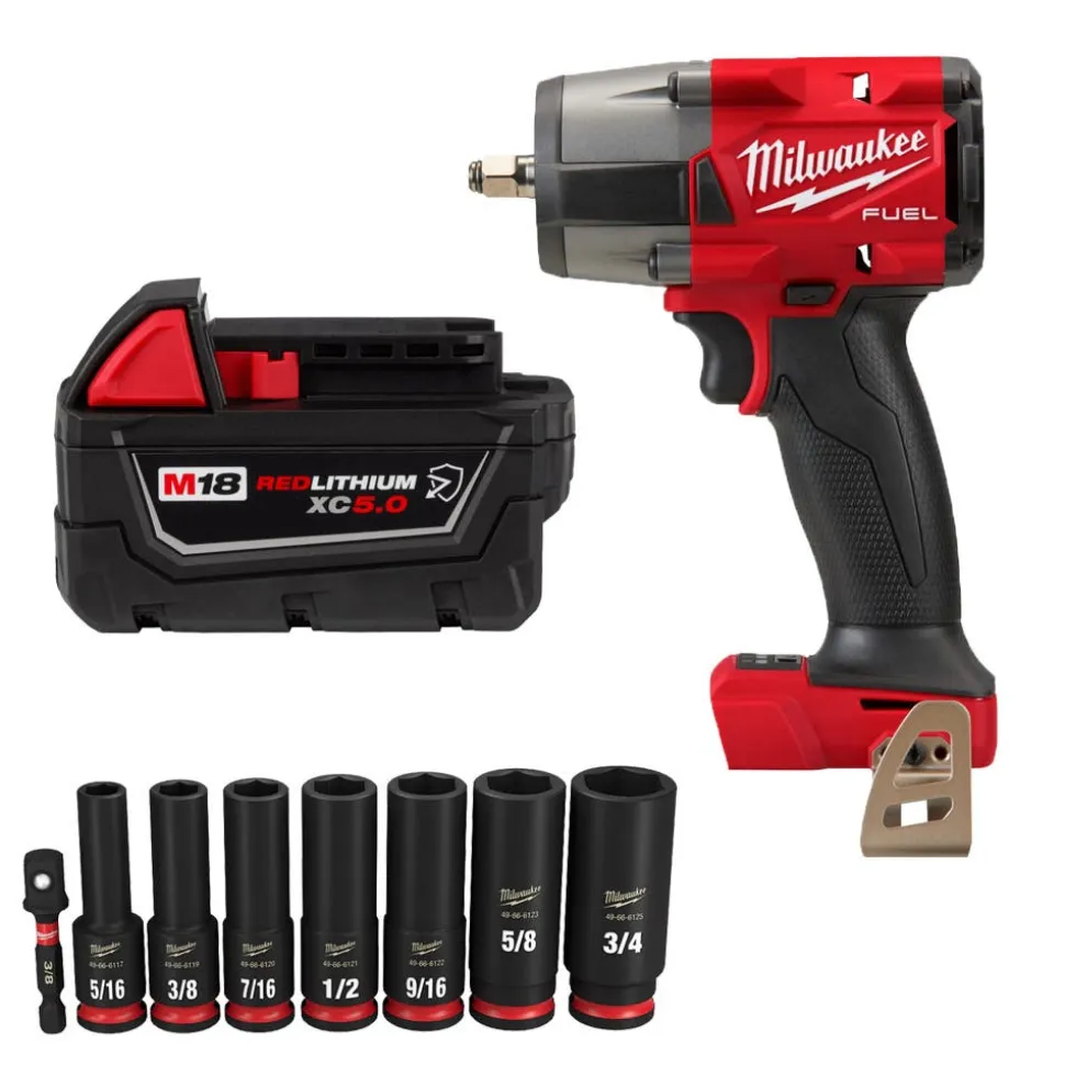 Milwaukee Tools M18 FUEL 3/8" Mid-Torque Impact Wrench w/ Friction Ring (Bare Tool), M18 REDLITHIUM XC5.0 Resistant Battery, and 8 Piece Shockwave Impact Duty 3/8" Drive SAE Deep 6 Point Socket Set KIT-2960-20-48-11-1850R-49-66-7024