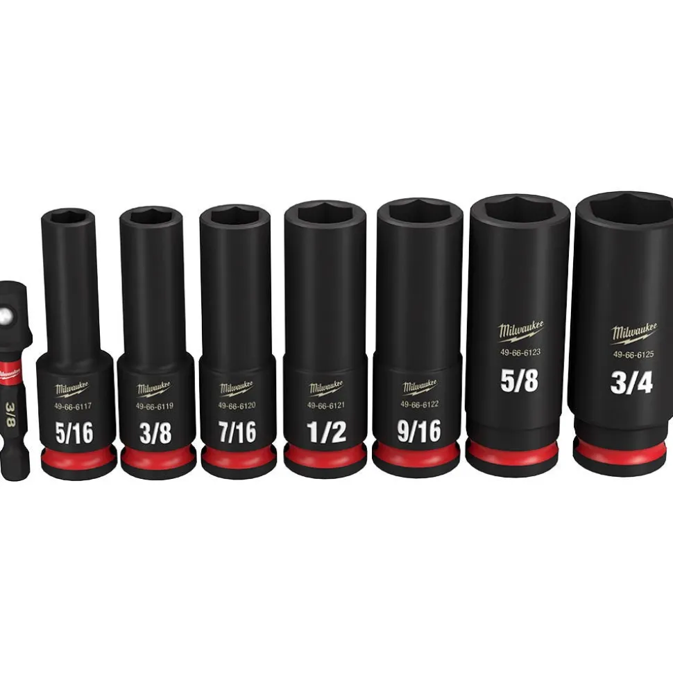 Milwaukee Tools M18 FUEL 3/8" Mid-Torque Impact Wrench w/ Friction Ring (Bare Tool), M18 REDLITHIUM XC5.0 Resistant Battery, and 8 Piece Shockwave Impact Duty 3/8" Drive SAE Deep 6 Point Socket Set KIT-2960-20-48-11-1850R-49-66-7024