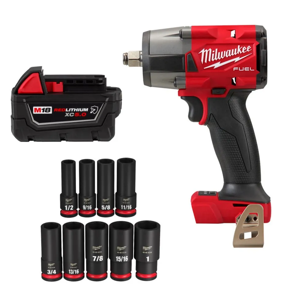 Milwaukee Tools M18 FUEL 1/2" Mid-Torque Impact Wrench w/ Friction Ring (Bare Tool), M18 REDLITHIUM XC5.0 Resistant Battery, and 9 Piece Shockwave Impact Duty 1/2" Drive SAE Deep 6 Point Socket Set KIT-2962-20-48-11-1850R-49-66-7022