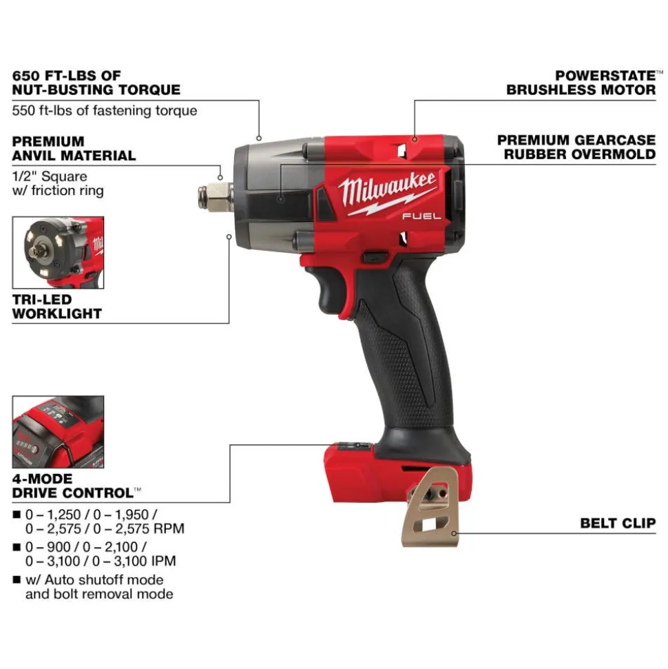 Milwaukee Tools M18 FUEL 1/2" Mid-Torque Impact Wrench w/ Friction Ring (Bare Tool), M18 REDLITHIUM XC5.0 Resistant Battery, and 9 Piece Shockwave Impact Duty 1/2" Drive SAE Deep 6 Point Socket Set KIT-2962-20-48-11-1850R-49-66-7022