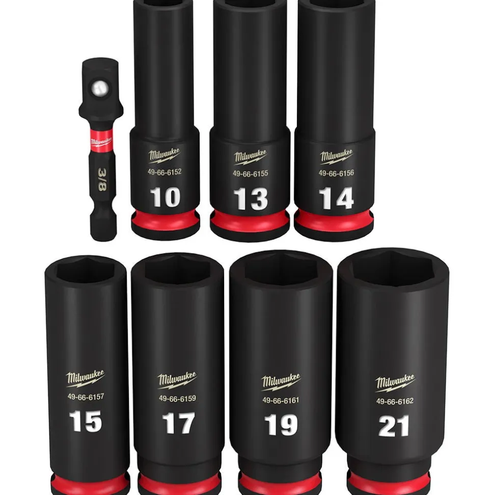 Milwaukee Tools M18 FUEL 3/8" Mid-Torque Impact Wrench w/ Friction Ring (Bare Tool), M18 REDLITHIUM XC5.0 Resistant Battery, and 8 Piece Shockwave Impact Duty 3/8" Drive Metric Deep 6 Point Socket Set KIT-2960-20-48-11-1850R-49-66-7021
