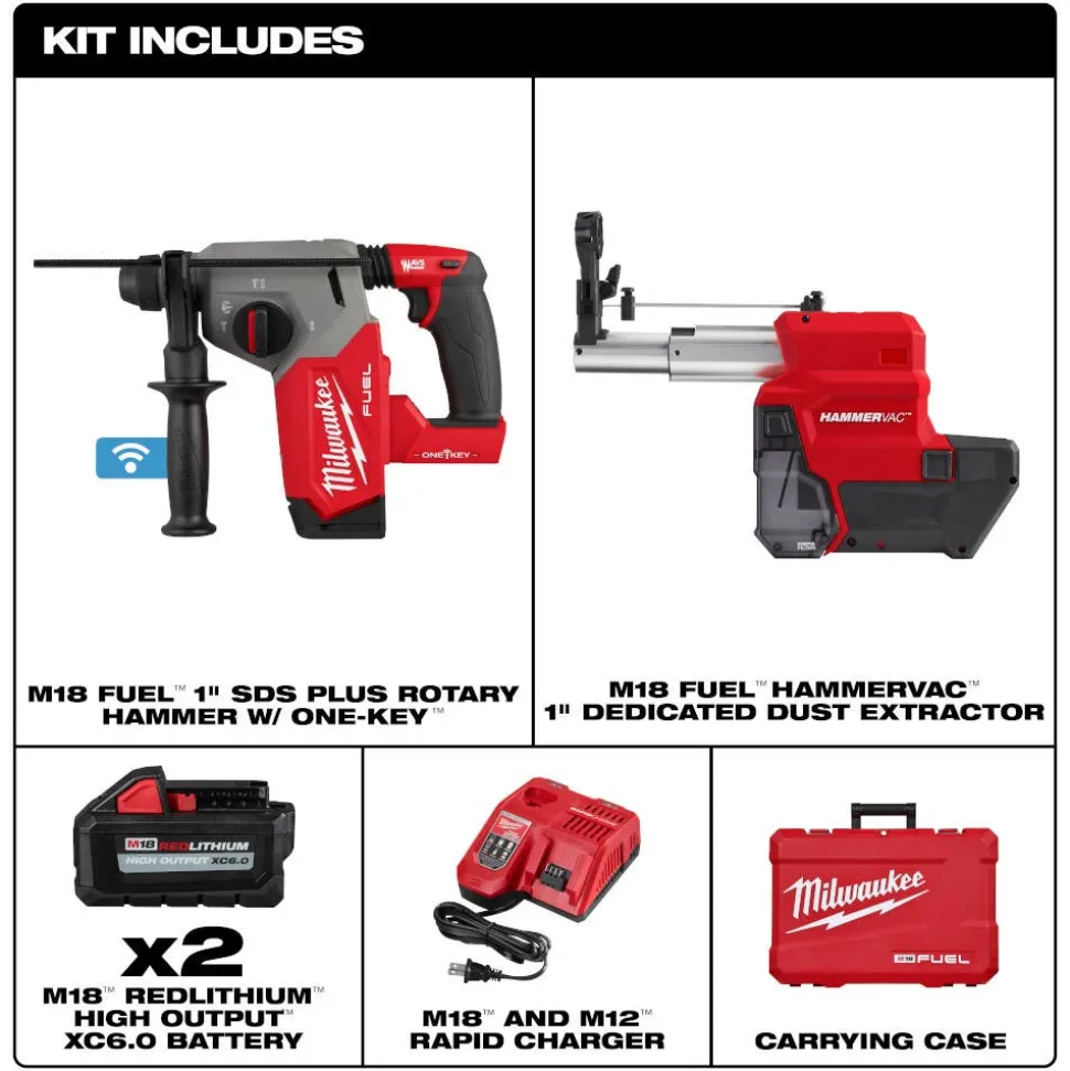 Milwaukee Tools M18 FUEL 1" SDS Plus Rotary Hammer Dust Extractor Kit w/ ONE-KEY, M18 FUEL 1/2" Mid-Torque Impact Wrench w/ Friction Ring (Bare Tool), and SDS-Plus MX4 4-Cutter Rotary Hammer Drill Bits - 6pc Kit KIT-2914-22DE-2962-20-48-20-7499