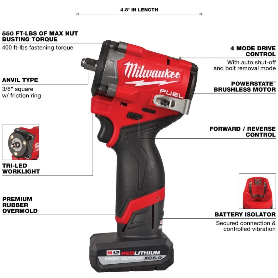 Milwaukee Tools M12 FUEL Stubby 3/8" Impact Wrench 550 Ft-Lbs Kit 2562-21