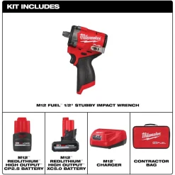 Milwaukee Tools M12 FUEL Stubby 1/2" Impact Wrench 550 Ft-Lbs Kit 2563-22