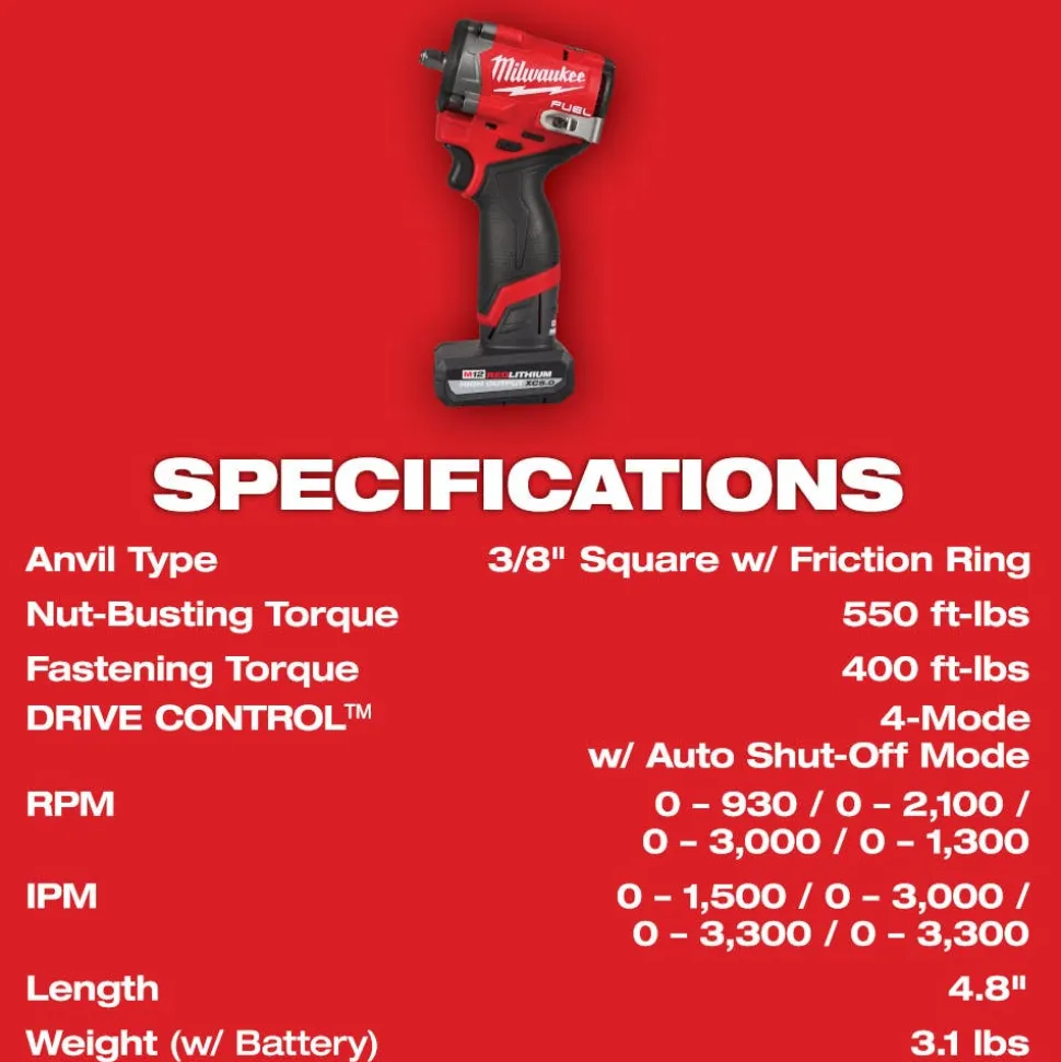 Milwaukee Tools M12 FUEL Stubby 3/8" Impact Wrench 550 Ft-Lbs Kit 2562-22