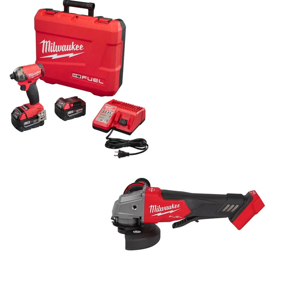 Milwaukee Tools M18 FUEL SURGE 1/4" Hex Hydraulic Driver (5.0Ah) Kit and M18 FUEL 5" Angle Grinder Paddle Switch, No-Lock (Tool Only) KIT-2760-22-2880-20