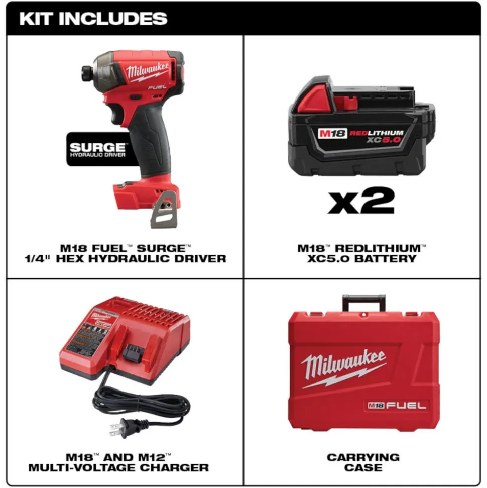Milwaukee Tools M18 FUEL SURGE 1/4" Hex Hydraulic Driver (5.0Ah) Kit and M18 FUEL 5" Angle Grinder Paddle Switch, No-Lock (Tool Only) KIT-2760-22-2880-20