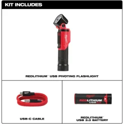 Milwaukee Tools M18 RADIUS LED Compact Site Light 2200 Lumens 2144-20 (BARE TOOL), REDLITHIUM USB Rechargeable 500 Lumen Pivoting Flashlight (3.0Ah) Kit, and M18 Red Lithium 5.0 Ah XC Battery KIT-2144-20-2113-21-48-11-1850