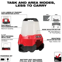 Milwaukee Tools M18 RADIUS LED Compact Site Light 2200 Lumens 2144-20 (BARE TOOL), Milwaukee RedLithium USB 600 Lumen Low-Profile Headlamp (3.0Ah) Kit , and M18 Red Lithium 5.0 Ah XC Battery KIT-2144-20-2115-21-48-11-1850