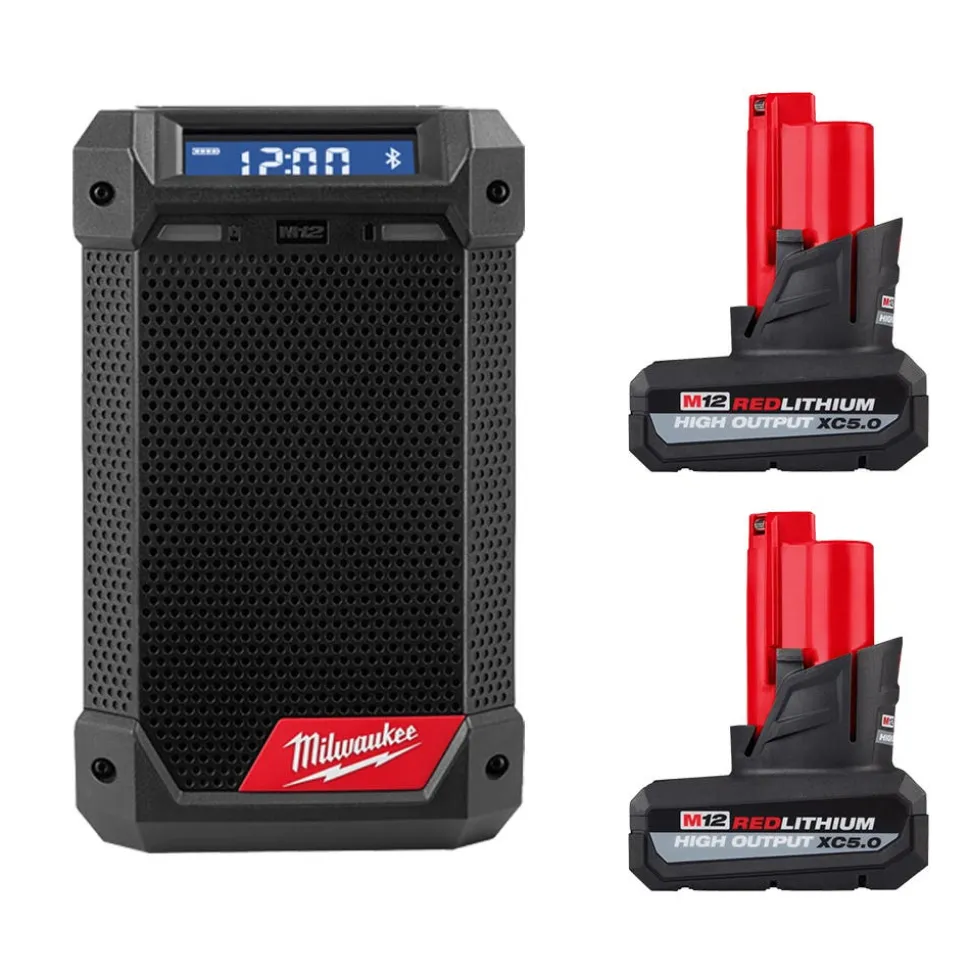 Milwaukee Tools (2) M12 REDLITHIUM HIGH OUTPUT XC5.0 Battery Pack and M12 Bluetooth Radio & Charger (Bare Tool) KIT-48-11-2450-48-11-2450-2951-20