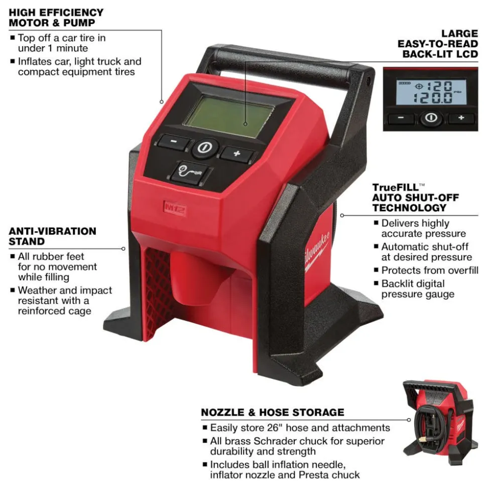 Milwaukee Tools M12 REDLITHIUM XC Battery - 2 Pack and M12 Compact Tire Inflator (Bare Tool) KIT-48-11-2412-2475-20