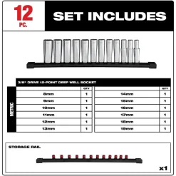 Milwaukee Tools 12pc 3/8” Drive 12-Point Deep Well Metric Socket Set 48-22-9521