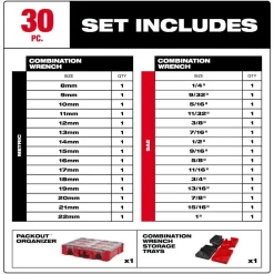 Milwaukee Tools 30 Piece Metric & SAE Combination Wrench Set with PACKOUT Organizer 48-22-9485