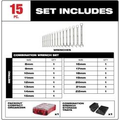 Milwaukee Tools 15 Piece Metric Combination Wrench Set with PACKOUT Compact Organizer 48-22-9483