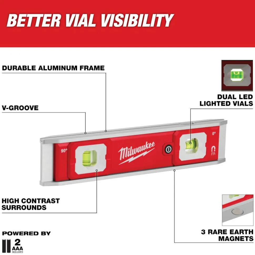 Milwaukee Tools 9" Torpedo Level with Lighted Vials 48-22-5105