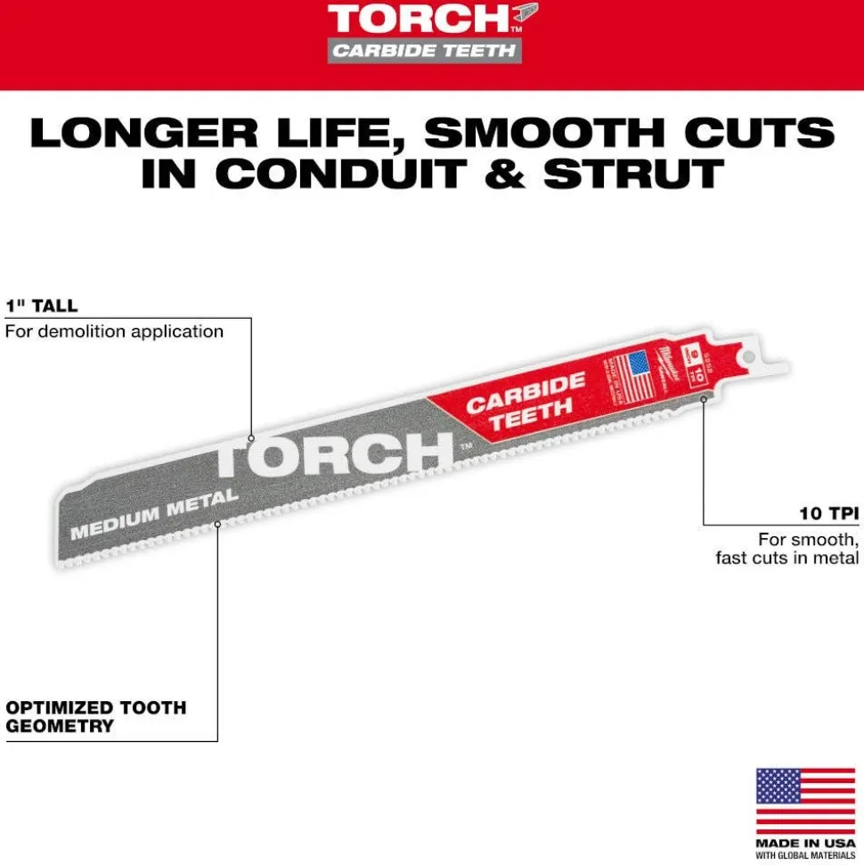 Milwaukee 9" 10TPI TORCH w/ Carbide Teeth Medium Metal Reciprocating Saw Blade - 3 pc 48-00-5352