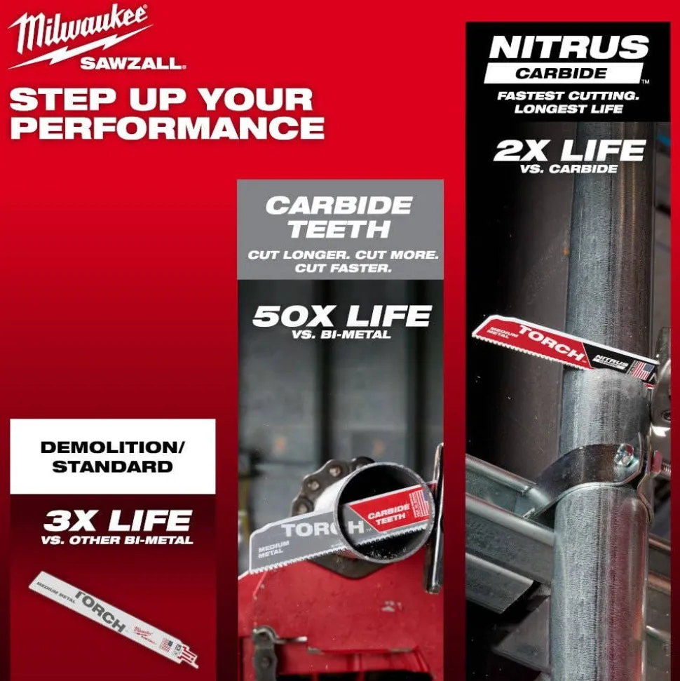 Milwaukee 9" 10TPI TORCH w/ Carbide Teeth Medium Metal Reciprocating Saw Blade - 3 pc 48-00-5352