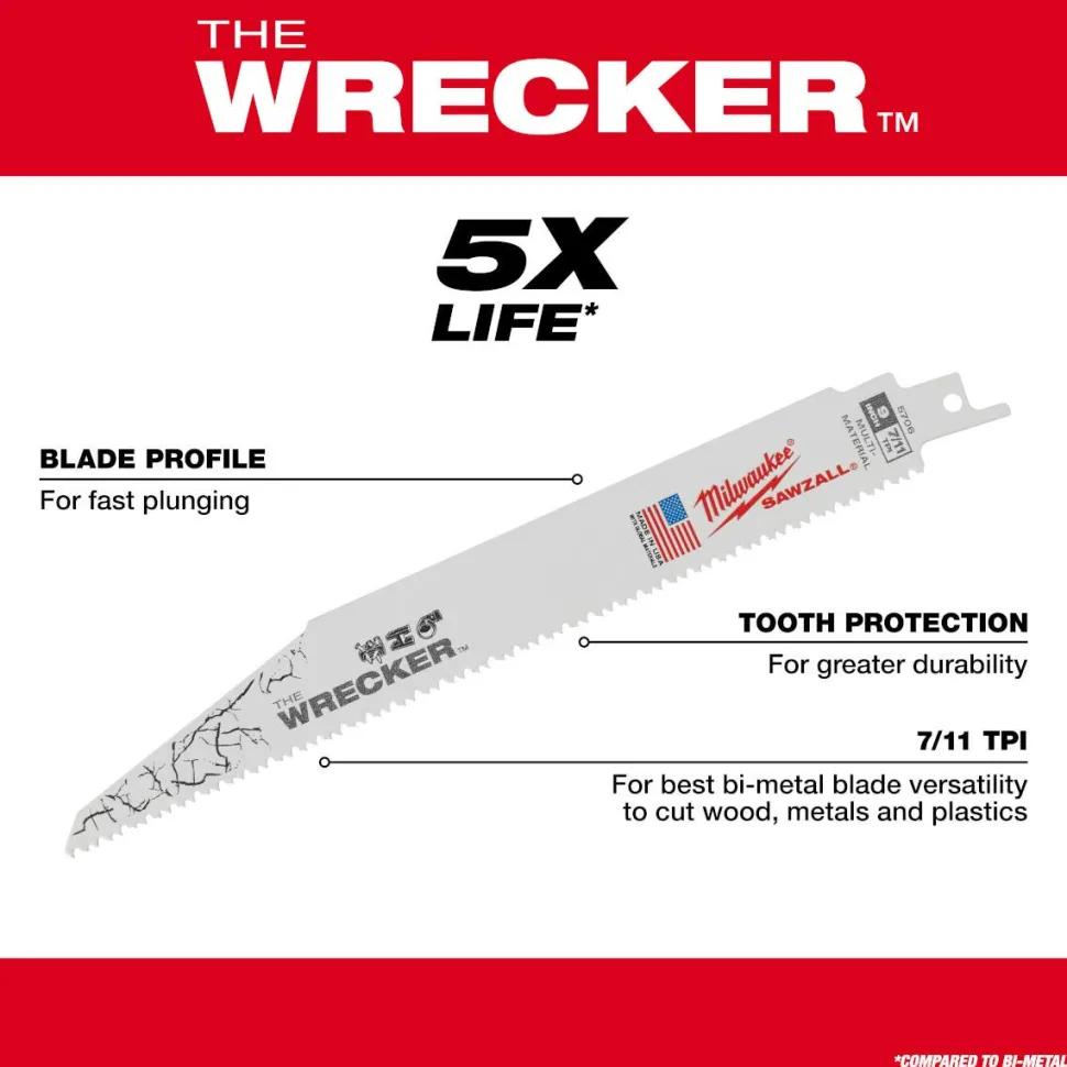 Milwaukee 9" 8 TPI Wrecker Demolition Sawzall Blades (5 Pack) 48-00-5706