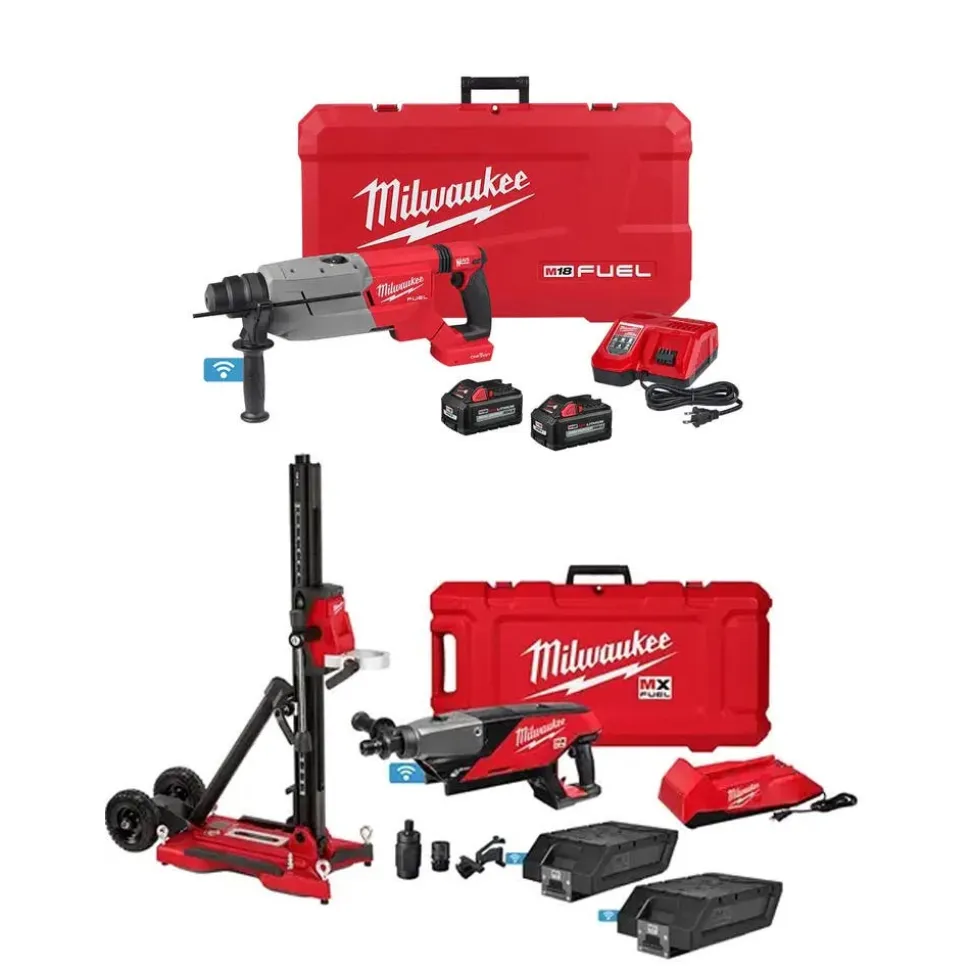 MX Fuel Handheld 6" Core Drill & Rig Kit w/ Stand and M18 FUEL 1-1/4" SDS Plus D-Handle Rotary Hammer Kit Bundle