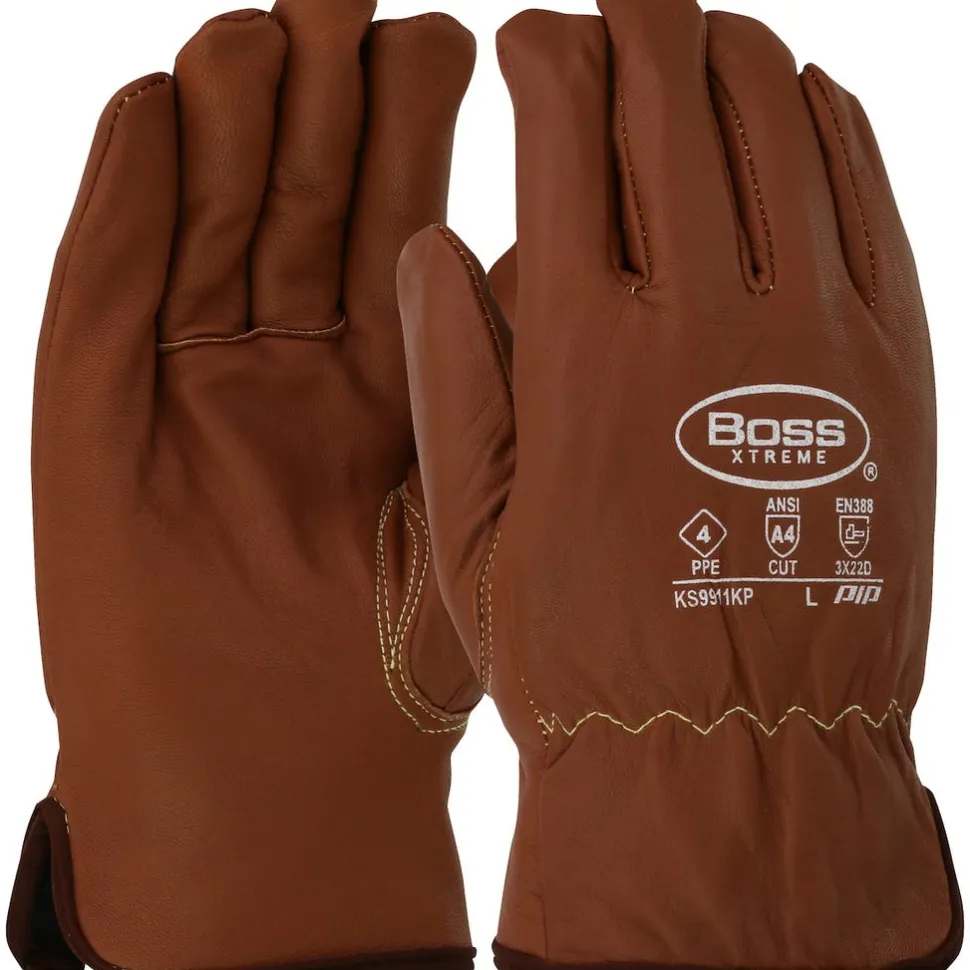 PIP Safety / Boss AR Top Grain Goatskin Leather Drivers A4 Glove with Oil Armor Finish and Para-Aramid Lining - Fleece Lined Insulation, Brown, 3XL KS9911KP/3XL