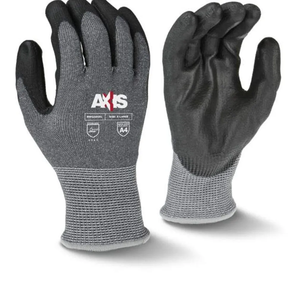 Radians Axis Gloves ANSI Cut Level A4 13 Gauge Gray HPPE with Black PU Palm, Extra Large RWG560XL